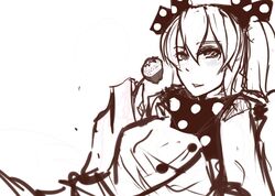  1girl blush bow charlotte_(madoka_magica) chocolate food fruit hair_bow highres looking_at_viewer magical_girl mahou_shoujo_madoka_magica monochrome pan!ies personification polka_dot short_twintails sketch smile solo strawberry twintails 