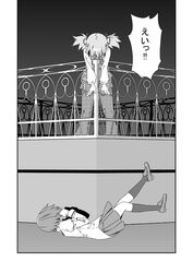  casual comic hair_ribbon jumping_giraffe kaname_madoka mahou_shoujo_madoka_magica miki_sayaka monochrome ribbon school_uniform short_hair short_twintails throwing twintails 