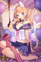  animal_ears ascot balloon bangs bare_shoulders barefoot bell bell_collar blonde_hair blue_eyes blush bow breasts cat_ears cat_tail chocolate cleavage cocorip collar earrings grin jewelry licking long_hair lowres midriff open_mouth pleated_skirt ribbon rose_pacifica school_uniform sitting skirt smile swept_bangs sword_girls tail unfastened wariza 