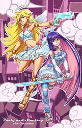  2girls alternate_costume angel_wings animoose armlet bangle barefoot_sandals blonde_hair blue_eyes blue_hair bow bracelet breasts choker copyright_name corset detached_sleeves dress eyeshadow gun hair_bow halo handgun heart jewelry large_breasts long_hair makeup midriff mini_wings multicolored_hair multiple_girls nail_polish navel panty_&amp;_stocking_with_garterbelt panty_(psg) pink_hair sandals single_thighhigh skirt smile stocking_(psg) striped striped_legwear sword thigh-highs toenail_polish toes two-tone_hair very_long_hair weapon wings 