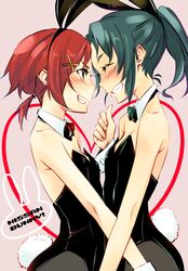  2girls animal_ears bowtie bunny_tail bunnysuit closed_eyes detached_collar green_hair grin hino_akane long_hair midorikawa_nao multiple_girls pantyhose ponytail precure rabbit_ears redhead sasetsu short_hair smile smile_precure! symmetry tail wrist_cuffs 