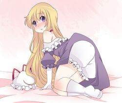  1girl ass blonde_hair bloomers choker dress hammer_(sunset_beach) hat hat_removed headwear_removed long_hair off_shoulder purple_dress solo touhou violet_eyes yakumo_yukari 