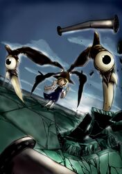  absurdres blonde_hair claws clouds dress hairband hat highres monster moriya_suwako multiple_eyes parody pipe pyonta resident_evil resident_evil_4 seigo3 shoes short_hair sky smile socks sun touhou v 