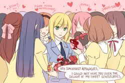  black_hair blonde_hair blush bow brown_hair chocolate english faceless faceless_female fate/stay_night fate_(series) formal green_eyes hair_bow hair_ornament hair_ribbon hairband hairclip long_hair lowres multiple_girls necktie pink_hair reverse_trap ribbon rynn_(seibu) saber school_uniform short_hair suit valentine yuri 