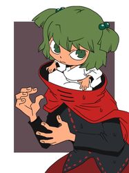  2girls bow cape green_eyes green_hair hair_bobbles hair_bow hair_ornament headless in_container japanese_clothes kimono kisume long_sleeves looking_at_viewer multiple_girls onikobe_rin sekibanki shirt sitting skirt sweat touhou twintails wide_sleeves yukata 