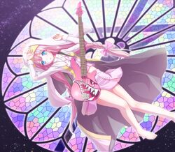  barefoot bass_guitar blue_eyes bow cross habit hadi hair_bow instrument jewelry long_hair necklace nun original pink_hair robe skirt stained_glass star_(sky) twintails 
