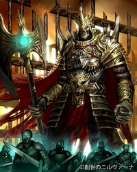  armor axe cape crown enemy_works full_armor original red_eyes skull standing sword weapon zombie 