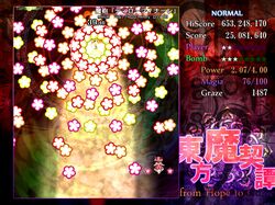  2girls blonde_hair danmaku drill_hair fake_screenshot flower kaname_madoka kiribu_mekki magic_circle mahou_shoujo_madoka_magica multiple_girls pentagram pink_hair star tomoe_mami touhou twin_drills twintails 