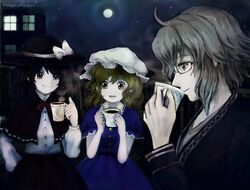  1boy 2girls ahoge blonde_hair brown_eyes brown_hair cup full_moon glasses hat katari long_sleeves maribel_hearn moon morichika_rinnosuke multiple_girls night open_mouth puffy_sleeves short_hair short_sleeves silver_hair smile teacup touhou usami_renko yellow_eyes 