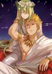  2boys androgynous armlet blonde_hair bracelet earrings enkidu_(fate/strange_fake) fate/strange_fake fate/zero fate_(series) gilgamesh green_hair hair_wreath jewelry long_hair mayen multiple_boys red_eyes toga 