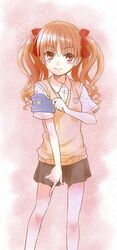  blush bow brown_eyes brown_hair hair_bow iizuka_ena long_hair pose safety_pin school_uniform shirai_kuroko skirt solo sweater_vest to_aru_kagaku_no_railgun to_aru_majutsu_no_index twintails 