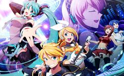  2boys 4girls artist_request belt blonde_hair blue_eyes blue_hair detached_sleeves electric_guitar guitar hatsune_miku headphones instrument kagamine_len kagamine_rin kaito keyboard_(instrument) long_hair megurine_luka meiko microphone midriff multiple_boys multiple_girls open_mouth outstretched_arm pink_hair redhead skirt thigh-highs very_long_hair vocaloid 