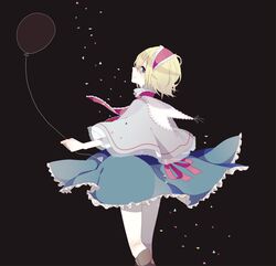 1girl alice_margatroid back balloon blonde_hair blue_eyes boots bow capelet dress hair_bow hairband looking_back ribbon short_hair smile solo touhou white_legwear 