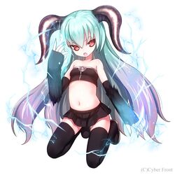  1girl :o bare_shoulders black_legwear blue_hair boots gradient_hair horns kiira long_hair looking_at_viewer midriff multicolored_hair navel original purple_hair red_eyes skirt solo thigh-highs thigh_boots tubetop two-tone_hair zettai_ryouiki 
