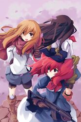  3girls assault_rifle bike_shorts black_hair boots brown_eyes brown_hair finger_gun gloves gun hair_ribbon headband knee_boots knee_pads long_hair long_skirt multiple_girls original red_eyes redhead ribbon rifle sai_(bankoru) scarf shorts_under_skirt skirt sweater thigh_strap trigger_discipline twintails weapon 