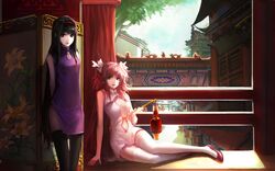  2girls adapted_costume akemi_homura black_hair black_legwear blackrabbitsoul china_dress chinese_clothes goddess_madoka hairband high_heels kaname_madoka long_hair looking_at_viewer mahou_shoujo_madoka_magica multiple_girls pink_eyes pink_hair shoes smile thigh-highs twintails violet_eyes white_legwear 