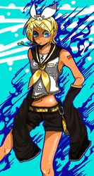  1girl blonde_hair blue_eyes detached_sleeves hair_ornament hair_ribbon hairclip hands_in_sleeves hanshakyou highres kagamine_rin leaf long_sleeves mouth_hold navel ribbon short_hair solo tan vocaloid 