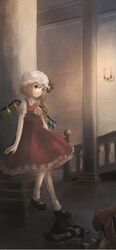  1girl ankle_socks ascot blonde_hair bow brick_wall candle character_doll flandre_scarlet hair_bow hakurei_reimu hat hat_ribbon kirisame_marisa leg_up looking_down mary_janes mob_cap pillar red_eyes ribbon shoes short_hair short_sleeves side_ponytail skirt skirt_set solo stairs tamae_(pixiv40276) touhou wings witch_hat 