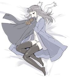  1girl bed_sheet black_hair black_legwear blush brown_eyes coat gloves hair_down long_hair lying on_side sakamoto_mio scarf school_swimsuit solo strike_witches swimsuit swimsuit_under_clothes thigh-highs white_school_swimsuit 