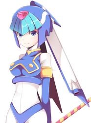  android armor blue_eyes blue_hair bodysuit breasts helmet lance leviathan_(rockman) polearm rento_(rukeai) robot rockman rockman_zero smile solo spear vest weapon 