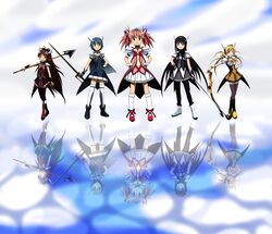  5girls akemi_homura alternate_costume alternate_hairstyle black_hair black_legwear blonde_hair blue_eyes blue_hair bow cape character_name choker clouds collarbone cosplay crossover drill_hair earrings english golf_club gun hair_ribbon hands_on_hips jewelry kakkii kaname_madoka long_hair magical_musket mahou_shoujo_madoka_magica miki_sayaka multiple_girls open_mouth parody pink_eyes pink_hair polearm ponytail precure red_eyes redhead reflection ribbon sakura_kyouko short_hair short_twintails skirt sky smile_precure! soul_gem spear sword thigh-highs tiara tomoe_mami twin_drills twintails vertical-striped_legwear vertical_stripes very_long_hair violet_eyes weapon white_legwear yellow_eyes zettai_ryouiki 