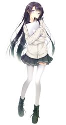  1girl :> black_hair blue_eyes boots cardigan computer from_as green_eyes heterochromia highres laptop long_hair luna_lia mouth_hold object_hug pleated_skirt school_uniform serafuku skirt sleeves_past_wrists smile solo thigh-highs very_long_hair white_legwear 