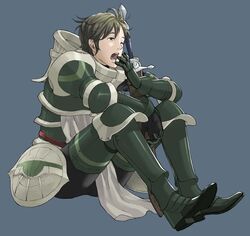  armor fire_emblem fire_emblem:_kakusei gauntlets greaves kozaki_yuusuke official_art polearm short_hair solo stahl sword weapon yawning 