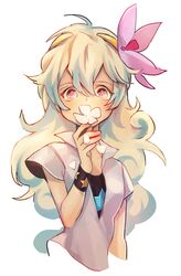  +_+ 1girl flower hair_flower hair_ornament multicolored_hair nia_teppelin petals solo symbol-shaped_pupils tengen_toppa_gurren_lagann two-tone_hair wristband zivrill 