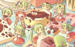  6+girls checkered checkered_floor chocolate clone double_bun dress eating falling fang flower green_hair hair_flower hair_ornament hair_ribbon hat hatsune_miku knife ladder ladle minigirl multiple_girls open_mouth ponytail ribbon tripping twintails valentine vocaloid 