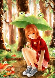  2girls blue_eyes brown_hair fairy highres leaf legs lips long_hair minigirl multiple_girls mushroom orange_hair original scarf shoes short_hair sitting skirt sneakers sweater tree umbrella wet 
