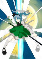  2girls blue_eyes dress dual_persona ghost green_dress hair_ribbon hairband highres katana kneehighs konpaku_youmu konpaku_youmu_(ghost) mary_janes multiple_girls red_eyes ribbon running see-through sheath sheathed shirome_(saitouyorozu) shoes short_hair silver_hair sword touhou weapon 