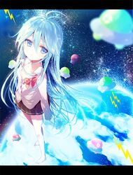  ahoge barefoot blue_eyes blue_hair bow breasts clouds denpa_onna_to_seishun_otoko earth lightning_bolt long_hair off_shoulder school_uniform skirt star_(sky) tibimimi touwa_erio ufo unbuttoned very_long_hair 