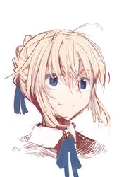  1girl blonde_hair blue_eyes fate_(series) hair_ribbon mieharu ribbon saber short_hair solo 
