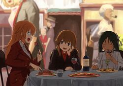  3girls :d ^_^ blue_eyes brown_eyes brown_hair chair charlotte_e_yeager closed_eyes cup eating fernandia_malvezzi food fork francesca_lucchini green_hair hand_on_another's_cheek hat knife multiple_girls open_mouth pizza restaurant shiba_murashouji sitting smile smoking_pipe strike_witches wine wine_glass 