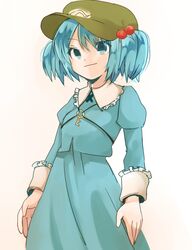  1girl blue_eyes blue_hair blush cap hair_bobbles hair_ornament hat kawashiro_nitori key reitsu_ki short_hair skirt smile solo touhou twintails 