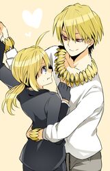  1boy 1girl ahoge blonde_hair blue_eyes bracelet fate/zero fate_(series) formal gilgamesh jewelry long_hair necklace pant_suit ponytail red_eyes reverse_trap saber suit tankensya 