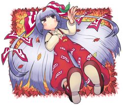  1girl blush_stickers bow fujiwara_no_mokou gashi-gashi hair_bow leaf long_hair lying purple_hair red_eyes solo suspenders touhou very_long_hair 