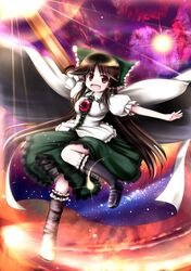  black_legwear bow brown_hair cape chipika control_rod frilled_legwear frills hair_bow long_hair mismatched_footwear red_eyes reiuji_utsuho shoes smile socks space sun third_eye weapon wings 