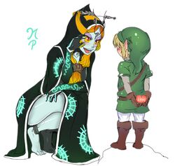  1boy 1girl age_difference arms_behind_back barefoot blonde_hair blue_skin blush child confession dress embarrassed eyeshadow forehead_jewel front_ponytail full-face_blush gloves hat heart hood link long_hair makeup maniacpaint midna neon_trim orange_hair pointy_ears red_eyes side_slit spoilers squatting the_legend_of_zelda twilight_princess yellow_sclera 