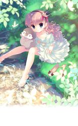  1girl avalon-san barefoot bird blue_eyes blush butterfly dress hair_ribbon hairband leaf lens_flare long_hair mini_crown original penguin pink_hair puffy_sleeves ribbon ripples santa_matsuri shoes_removed sitting soaking_feet sophia_niko water 