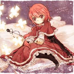  1girl book bow bowtie braid cape capelet cross dress hair_bow long_hair okazaki_yumemi pantyhose red_eyes redhead single_braid solo staff star suiyou_taruta touhou vest 