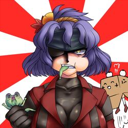  breasts cleavage eyepatch frog hair_ornament headband large_breasts purple_hair pyonta slit_pupils solid_snake_(cosplay) touhou yasaka_kanako yellow_eyes 