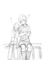  2boys closed_eyes hair_ornament hakuryuu_(inazuma_eleven) inazuma_eleven_(series) inazuma_eleven_go long_hair male monochrome multiple_boys short_hair shuu_(inazuma_eleven) sitting sketch sleeping tobi_(one) white_background 
