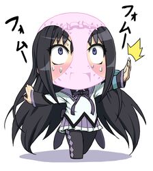  >:d /\/\/\ 1girl :d akemi_homura argyle argyle_legwear black_hair blush chibi cozy hairband long_hair mahou_shoujo_madoka_magica object_on_head open_mouth outstretched_arms panties panties_on_head pantyhose pink_panties ribbon shadow simple_background skirt smile solo spread_arms sweat translated underwear white_background wide-eyed 