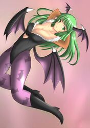  1girl arms_up bat_wings boots breasts cleavage demon_girl elbow_gloves female gloves green_eyes green_hair head_wings leotard long_hair morrigan_aensland pantyhose print_pantyhose smile solo succubus vampire_(game) wings yoshii_123 