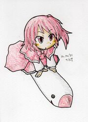  1girl bow cape capelet colored_pencil_(medium) dress mimi-chan missile okazaki_yumemi open_mouth red_eyes redhead rough touhou traditional_media 