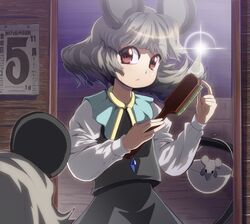  1girl animal_ears basket brush brushing calendar_(object) grey_hair highres jewelry long_sleeves mirror mouse mouse_ears mouse_tail nazrin pendant red_eyes reflection shope short_hair solo tail touhou 