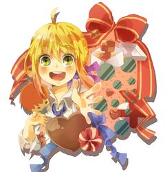  1girl ahoge blonde_hair character_doll chocolate dress emiya_shirou fate/stay_night fate_(series) green_eyes hair_ribbon ribbon saber solo vongolaboss 