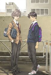  backpack bag brown_eyes brown_hair ikari_shinji mass_production_eva mc messenger_bag nagisa_kaworu neon_genesis_evangelion red_eyes school_uniform short_hair shoulder_bag smile white_hair 