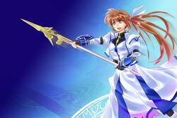  1girl blue_eyes brown_hair long_hair lyrical_nanoha mahou_shoujo_lyrical_nanoha_strikers open_mouth raising_heart solo sonyntendo takamachi_nanoha 